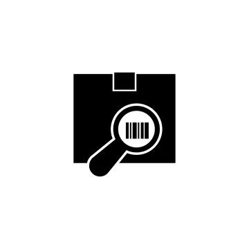 Barcode on box with magnifying glass, Tracking parcel. Flat Vector Icon Stock Illustration