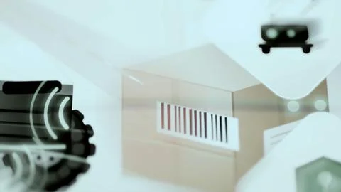 Barcode carton sits between industrial vision sensors Stock Photos