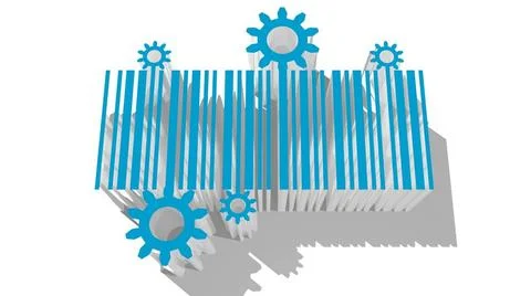 Barcode with gear blue 3d with long shadow and gear decoration. 3D renderi... Stock-Fotos