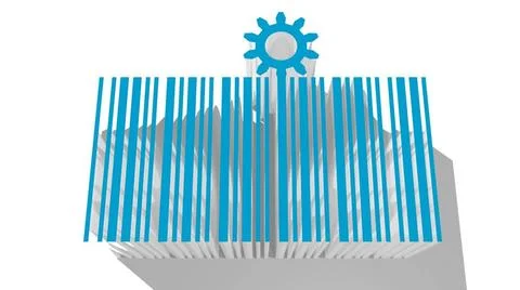 Barcode with gear blue 3d with long shadow and gear decoration. 3D renderi... Stock Photos