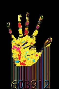 Barcode hand Multicolored hand print and bar-code against black background... Foto stock