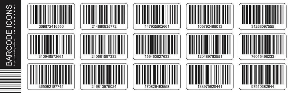 Barcode icons set with rounded rectangle labels and codes. Product scanning.. Stock-Illustration