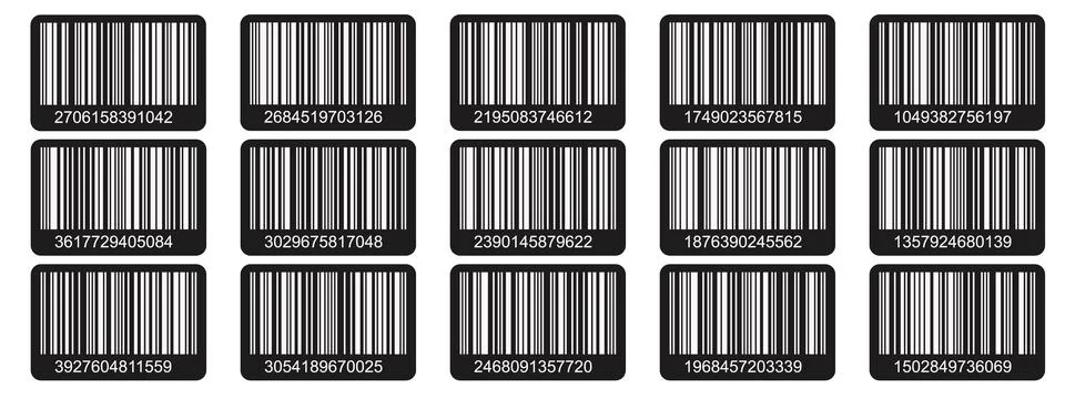 Barcode icons set with rounded white sticker labels on dark background. Stockillustratie