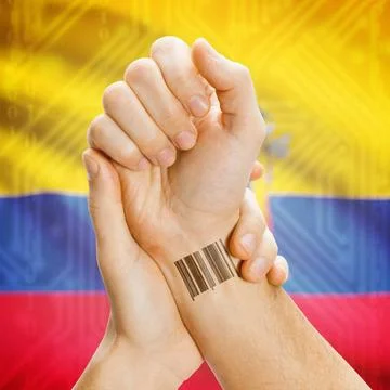 Barcode ID number on wrist and national flag on background - Ecuador Barco... Stock Photos
