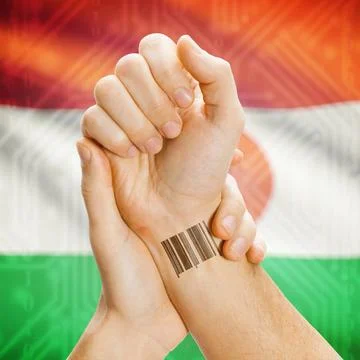 Barcode ID number on wrist and national flag on background - Niger Barcode... Stock Photos