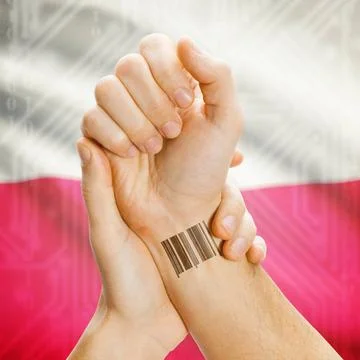 Barcode ID number on wrist and national flag on background - Poland Barcod... Stock Photos
