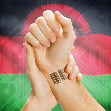 Barcode ID number on wrist and national flag on background - Malawi Barcod... Stock Photos
