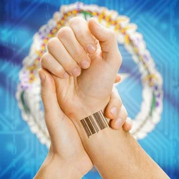 Barcode ID number on wrist and national flag on background - Northern Mari... Stock Photos