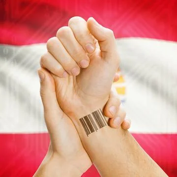 Barcode ID number on wrist and national flag on background - French Polyne... Stock Photos