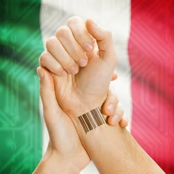 Barcode ID number on wrist and national flag on background - Italy Barcode... Stock Photos