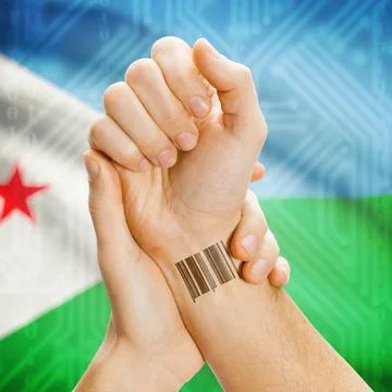 Barcode ID number on wrist and national flag on background - Djibouti Barc... Stock Photos
