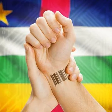 Barcode ID number on wrist and national flag on background - Central Afric... Stock Photos