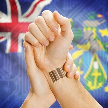 Barcode ID number on wrist and national flag on background - Pitcairn Isla... Stock Photos