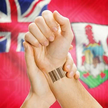 Barcode ID number on wrist and national flag on background - Virgin Island... Stock Photos