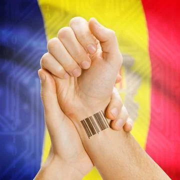Barcode ID number on wrist and national flag on background - Andorra Barco... Stock Photos