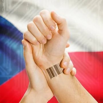 Barcode ID number on wrist and national flag on background - Czech Barcode... Stock Photos
