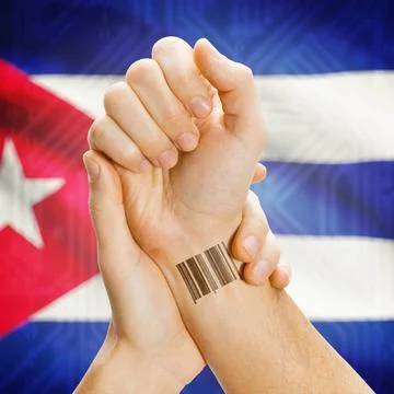 Barcode ID number on wrist and national flag on background - Cuba Barcode ... Stock Photos