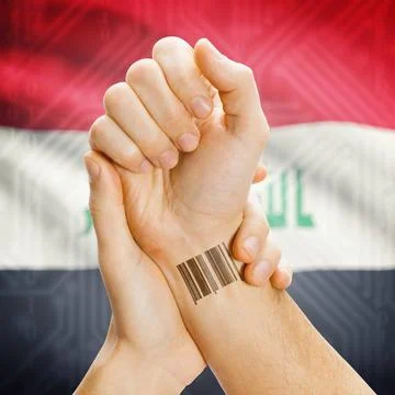 Barcode ID number on wrist and national flag on background - Iraq Barcode ... Stock Photos