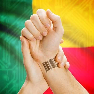 Barcode ID number on wrist and national flag on background - Benin Barcode... Stock Photos