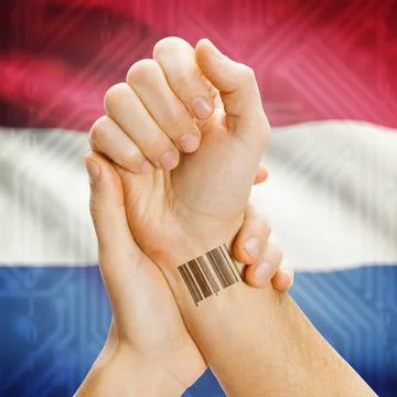 Barcode ID number on wrist and national flag on background - Netherlands B... Stock Photos