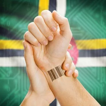 Barcode ID number on wrist and national flag on background - Dominica Barc... Stock Photos
