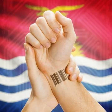 Barcode ID number on wrist and national flag on background - Kiribati Barc... Stock Photos