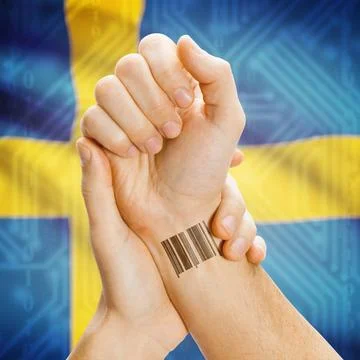 Barcode ID number on wrist and national flag on background - Sweden Barcod... Stock Photos