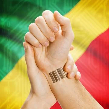 Barcode ID number on wrist and national flag on background - Congo-Brazzav... Stock Photos