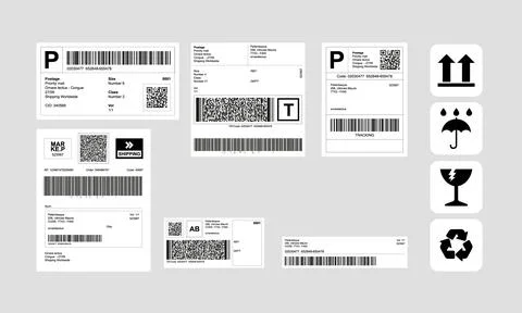 Barcode Label Delivery Template + Set of Cargo Icons, Fragile, Recycle, Stickers Illustrazione stock