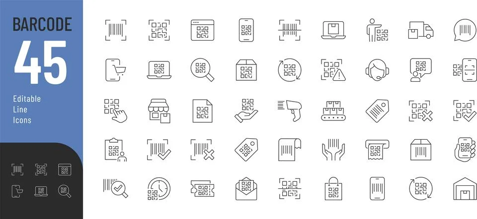 Barcode Line Editable Icons set. Illustration