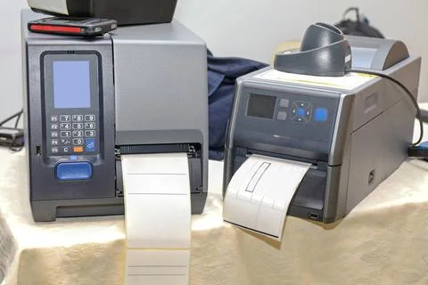 Barcode Printers Two Barcode Label Printers Equipment for Distribution War... Stock-Fotos