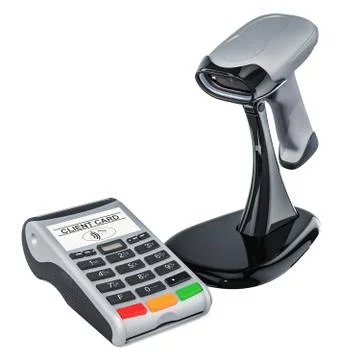 Barcode reader with POS-terminal, 3D rendering Stock Illustration