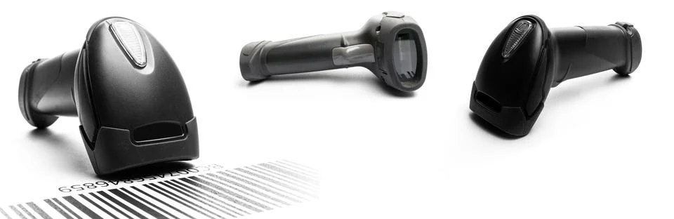 Barcode reader set. Retail label barcode scan. Reader laser scanner for Foto stock