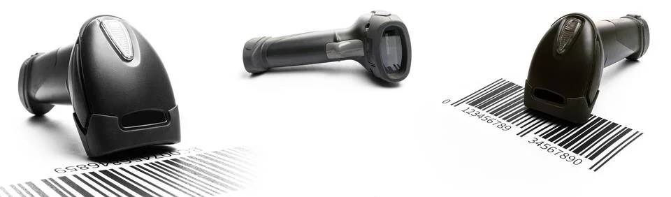 Barcode reader set. Retail label barcode scan. Reader laser scanner for Stock Photos