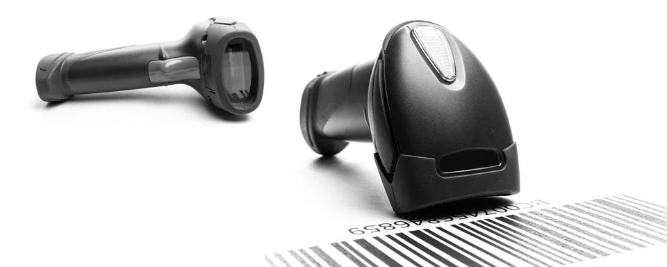 Barcode reader set. Retail label barcode scan. Reader laser scanner for Stock-Fotos