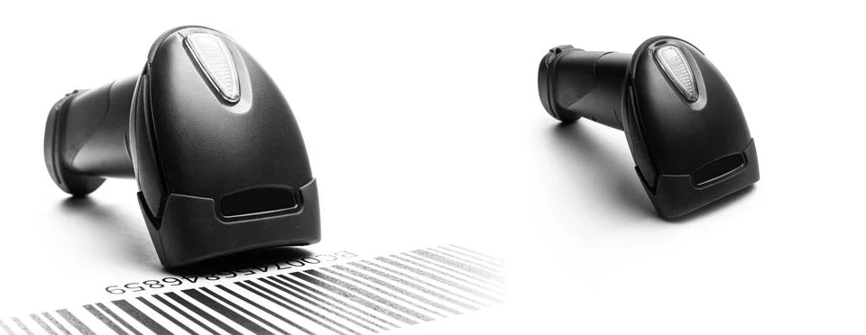 Barcode reader set. Retail label barcode scan. Reader laser scanner for Stock-Fotos