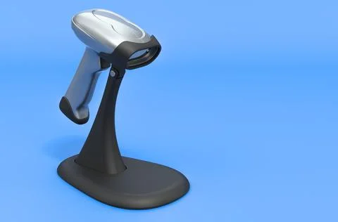 Barcode reader with stand on blue backdrop, 3D rendering 库存插图