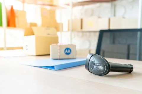 Barcode reader on table Foto stock