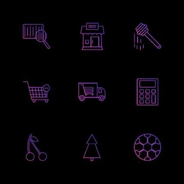 Barcode reader , truck , calculator , tree , honey , cherry ,fruits , calcula 库存插图