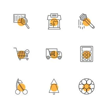Barcode reader , truck , calculator , tree , honey , cherry ,fruits , calcula 库存插图