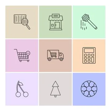 Barcode reader , truck , calculator , tree , honey , cherry ,fruits , calcula 库存插图