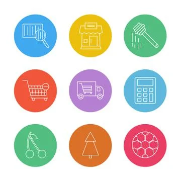 Barcode reader , truck , calculator , tree , honey , cherry ,fruits , calcula 库存插图