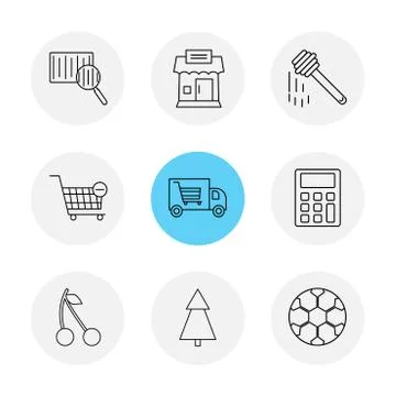 Barcode reader , truck , calculator , tree , honey , cherry ,fruits , calcula 库存插图