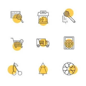 Barcode reader , truck , calculator , tree , honey , cherry ,fruits , calcula 库存插图