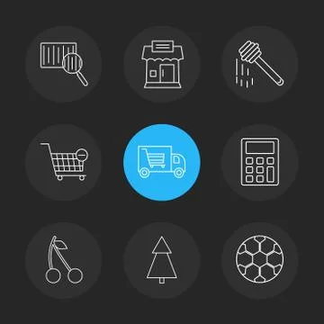 Barcode reader , truck , calculator , tree , honey , cherry ,fruits , calcula Stock Illustration