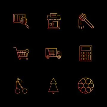 Barcode reader , truck , calculator , tree , honey , cherry ,fruits , calcula 库存插图