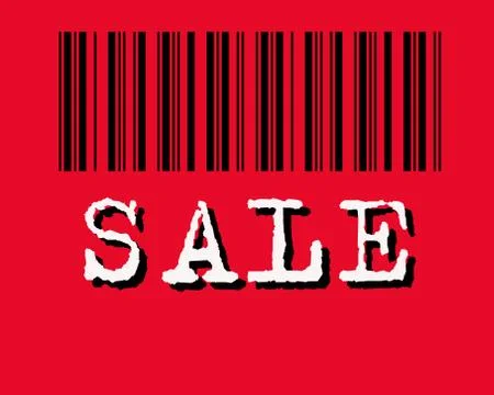 Barcode, sale text on the red backround. White vintage letters with black Illustrazione stock