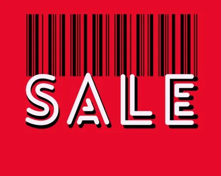 Barcode, sale text on the red backround. White letters with black shadows. Stock Illustration