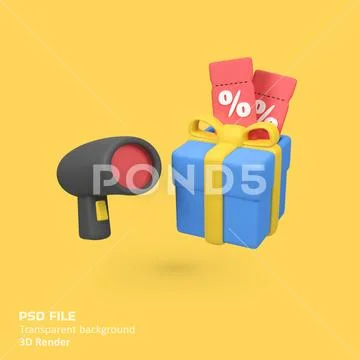 Barcode scanner with gift box showing discount isolated 3d render icon illu.. PSD-Vorlage