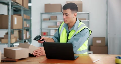 Barcode scanner, laptop and logistics with courier man in depot for parcel 스톡 동영상 318706490